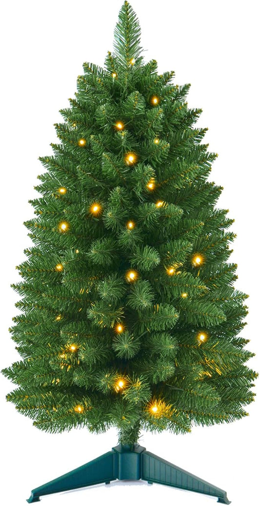 3ft Prelit Artificial Small Mini Christmas Tree with Warm White Multi-Color LED Lights, Timer Battery Operated, Perfect for Xmas Tabletop Decorations, Home, Kitchen, Dining Table top Green
