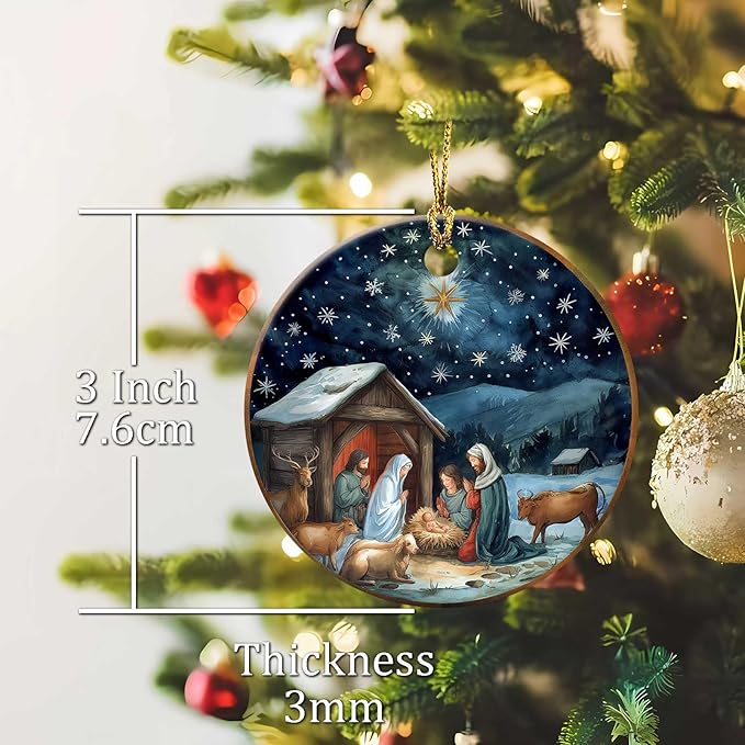 Nativity Night Ornaments Round Ceramic Silent Night Birth of Jesus Christ Ornament Christmas Keepsake Decor for Christmas Tree Winter Holiday Xmas Gift for Women Men Xmas Hanging Ornament 3"