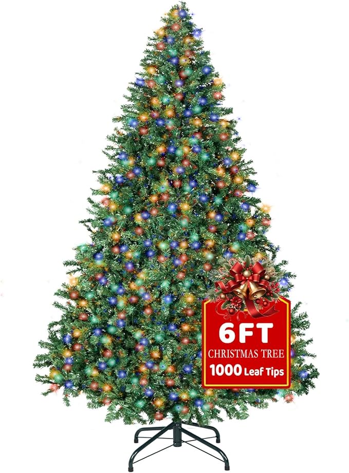 6FT Christmas Tree with Lights,Artificial Christmas Tree with 350 LED Lights and 1000 Branch Tips,Xmas Tree with Foldable Stand Perfect for Indoor&Outdoor,Christmas Decoration for Party by DNKMOR