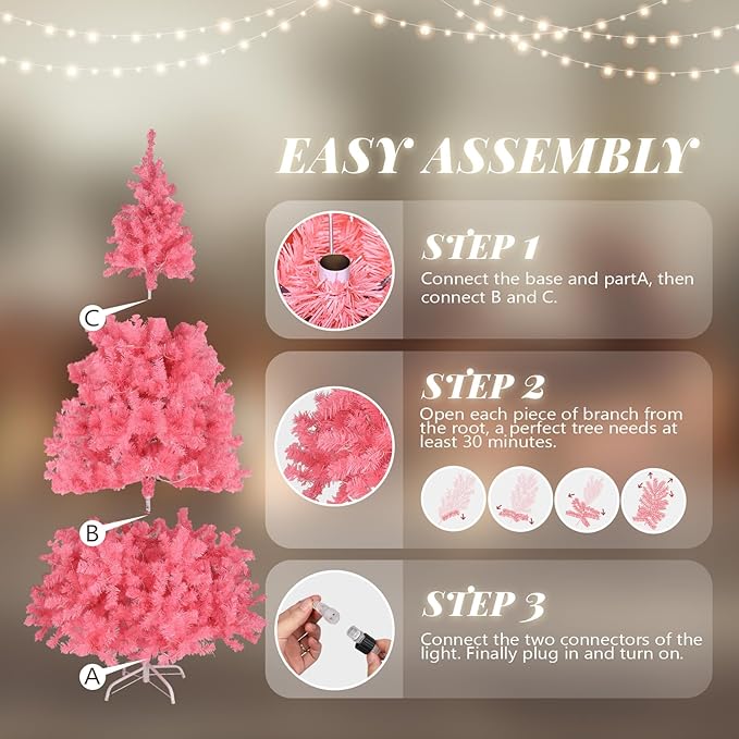 VINGLI 6ft Pink Pre-lit Artificial Christmas Pine Tree with 250 Warm White Lights, Xmas Tree Holiday Party Decorations with Sturdy Metal Stand, Full 900 Tips Branch, 8 Color Modes