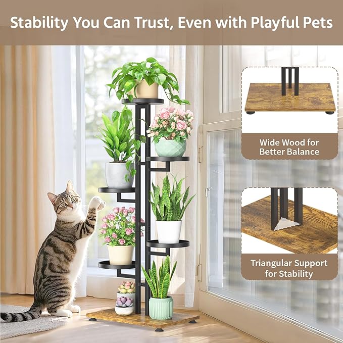 LASZOLA Black 5 Tiered Plant Stand Indoors Heavy Duty Metal Rack, Sturdy Multi Level Shleving Hold Flowers, Larger House Decorate Ladder for Planting Inside Tree Herb Cactus, Wooden Base, Space Saving