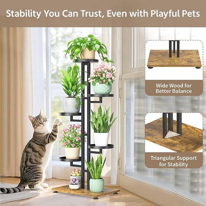 LASZOLA Black 5 Tiered Plant Stand Indoors Heavy Duty Metal Rack, Sturdy Multi Level Shleving Hold Flowers, Larger House Decorate Ladder for Planting Inside Tree Herb Cactus, Wooden Base, Space Saving