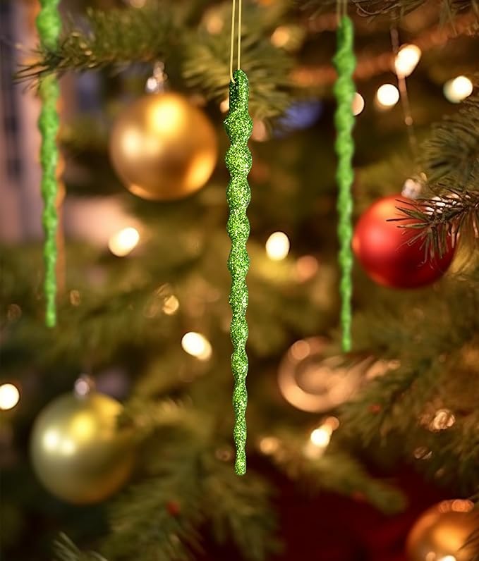 AMS Sparkling Glitter Plastic Icicle Ornaments 30 PCS Twisted Icicles Decoration Christmas Tree and Holiday Xmas Party Hanging (5.1'', Green)