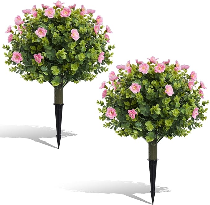 20" Artificial Camellia Topiary Ball Tree with Spike, Artificial Boxwood Shrubs Fake Bushes Set of 2, Faux Floral Flower Plant for Porch, Artificial Plants for Outdoor Indoor UV Resistant