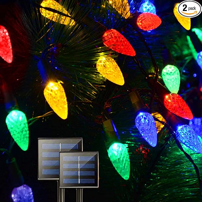 Solar String Strawberry Lights Outdoor 2 Pack 200 LED 80Ft Multi-Color Christmas Fairy Lights with 8 Lighting Modes, Waterproof Solar Lights Outdoor for Garden Christmas Wedding Xmas Tree Decoration