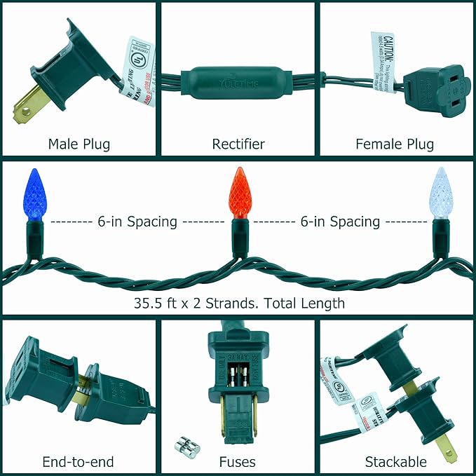 YULETIME Red White Blue One-Piece C6 Strawberry Christmas Lights 140 Count 71 Feet, 2 Sets 70 LED 35.5 ft High Waterproof UL Certified String Light (Red, White & Blue)