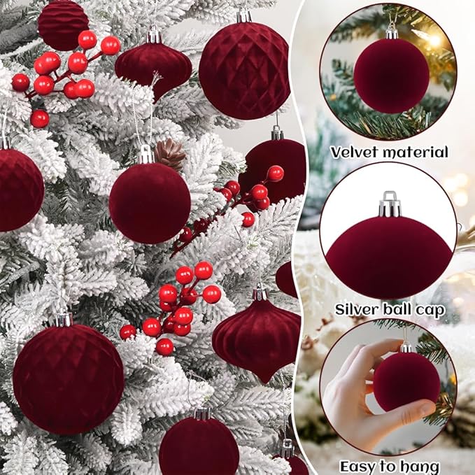 28PCS Velvet Christmas Balls Ornaments, Flocked Shatterproof Burgundy Xmas Tree Hanging Decoration Plastic Ball Set Bulk Ornament for Winter Trees Holiday Party Home Wreath Decor