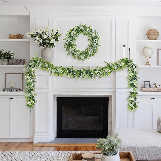 6FT Eucalyptus Garland with Flowers, 4 Pack Greenery Hanging Faux Eucalyptus Garland Suitable for Table Wedding Backdrop Arch Wall Party Thanksgiving UV Protected Indoor Outdoor Decorations