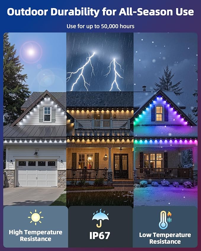 REYLAX 50FT Permanent Outdoor Lights with 30 LED Lights, RGB+IC Eaves Lights, IP67 Waterproof, Multi Scenes for Outdoor Christmas Holidays Decor, Works with APP & Remote Control, White