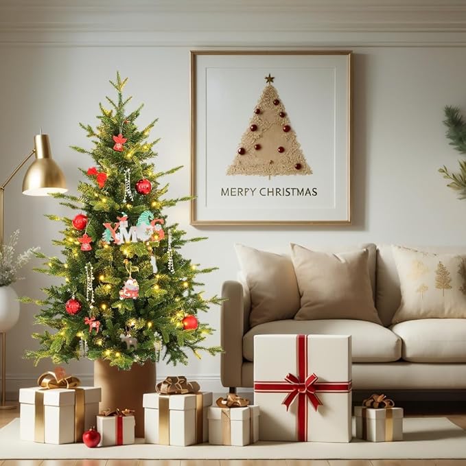 4 ft Pre-Lit Artificial Christmas Tree with Lights, Fraser Fir Realistic PE PVC Branch Tips, Holiday Xmas Tree, Metal Stand Automatic Unfold Hinged Design, Easy Assembly for Home Party Decoration