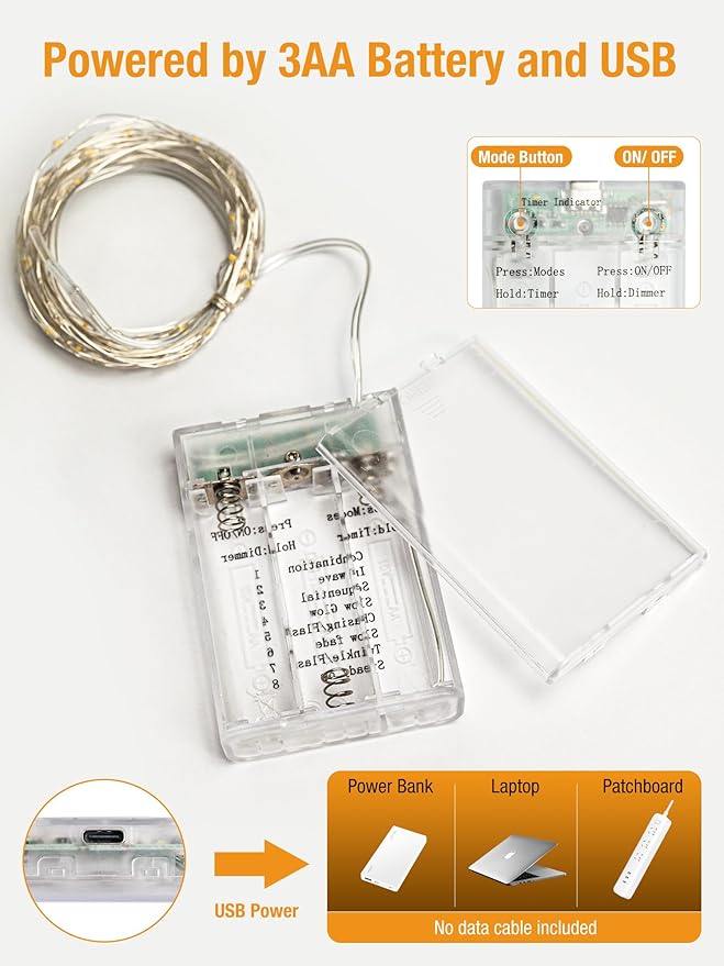 btfarm Fairy Lights Battery Operated with Timer 8 Modes, 16.4 FT 50 LED Silver Wire Twinkle String Lights Battery Powered Dimmable Waterproof for Indoor Home Party Wedding Christmas Decor, Cool White