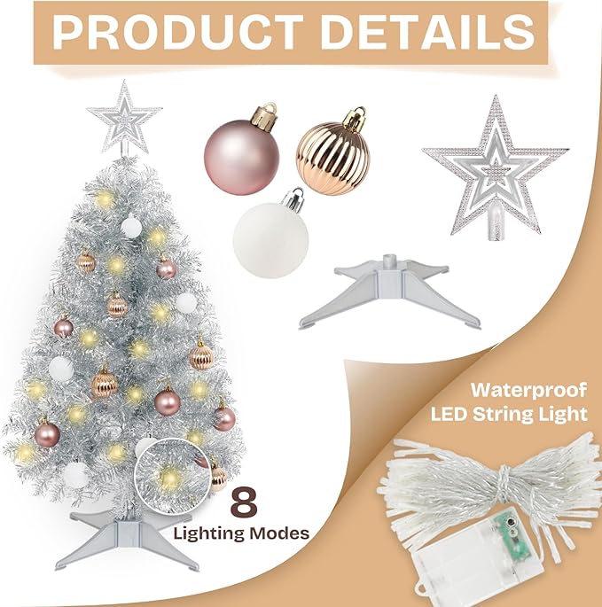 Sunshine Silver Christmas Tree with Light 3ft Artifical Full Christmas Tree with Ball & Star Ornaments 8 Lighting Modes for Holiday Decor
