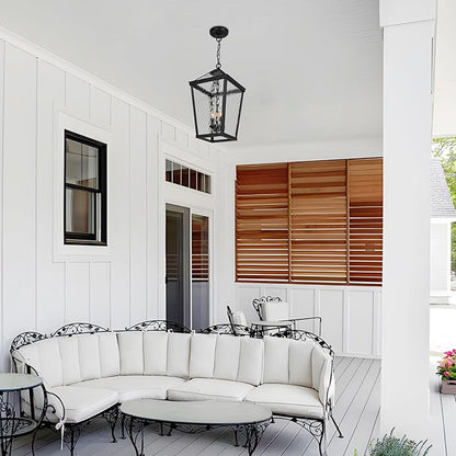 Treekee Outdoor Pendant Light, Modern Black Hanging Lantern Light for Front Porch, Adjustable Exterior Chandelier Fixture with E12 Sockets & Water Ripple Glass for Patio, Entryway, Garage, Gazebo