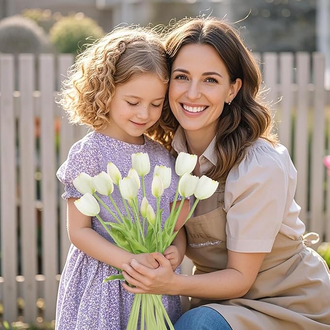 15 Pcs White Tulips Artificial Flowers Faux Tulips Real Touch Latex Fake Flower Bouquet for Spring Wedding Home Décor Centerpiece Arrangements