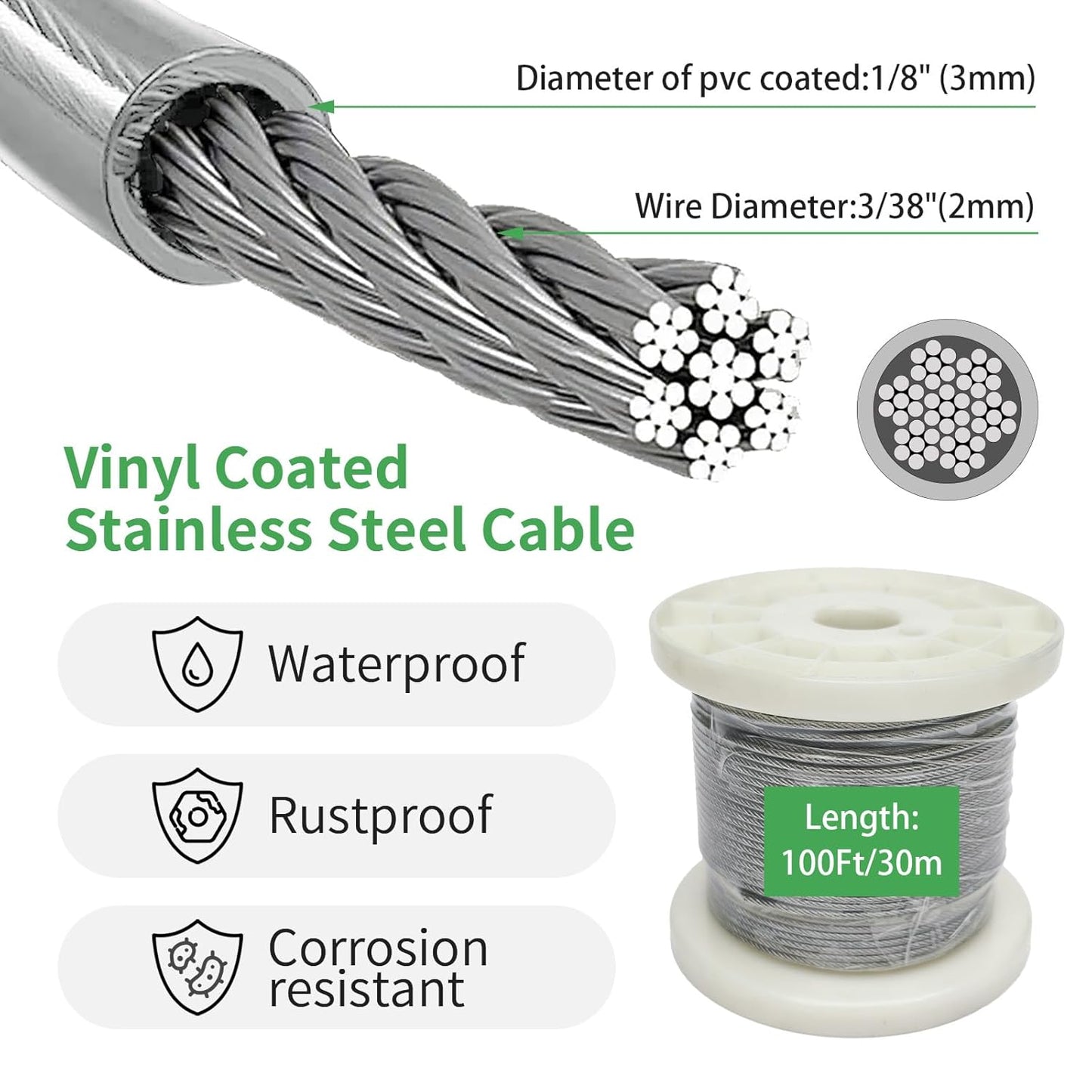 1/8" Wire Cable Rope Kit ，Vinyl Coated 304 Stainless Steel Wire – 100FT 7x7 Strand Cable with Turnbuckles，String Lights Hanging Kit for Outdoor, Garden,Patio, Crafts, Hanging Lights