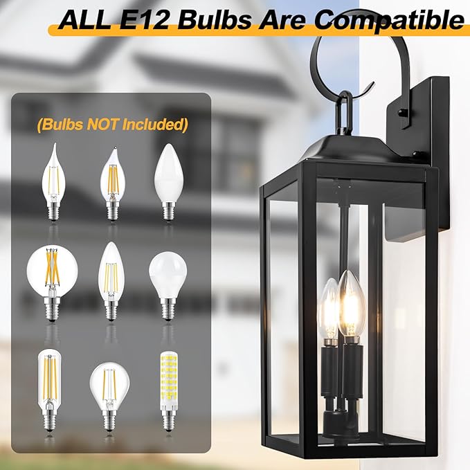 19" Black Outdoor Wall Lantern 2-Light, Large Outside Modern Porch Sconce Light Fixture, Industrial Porch Light Wall Mount with Glass, Waterproof Farmhouse Exterior Lamp Lighting （1 Pack）