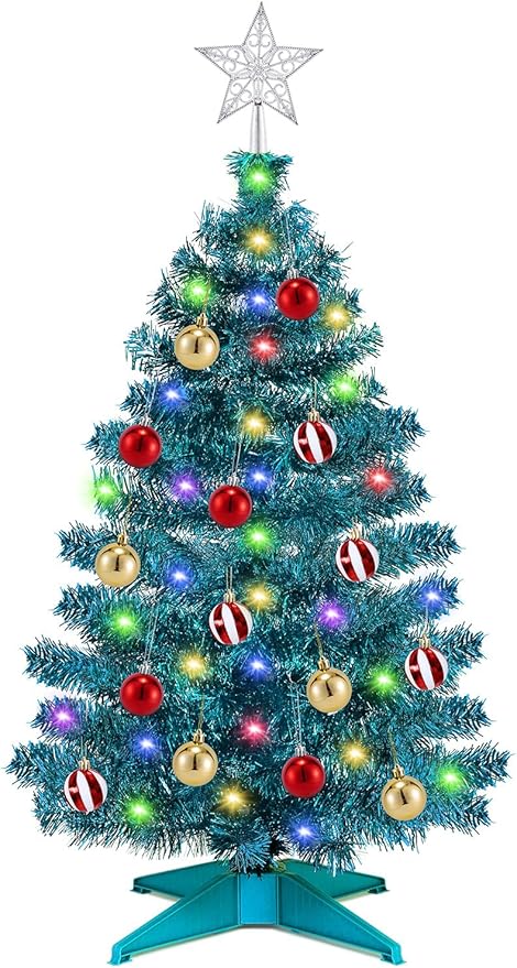 [ 12 Modes & Timer ] 3 Ft Blue Christmas Tree with 50 LED Lights, 15 Hanging Balls, 3D Star Topper Battery Operated Prelit Small Christmas Tree Indoor Home Table Holiday Xmas Christmas Decorations