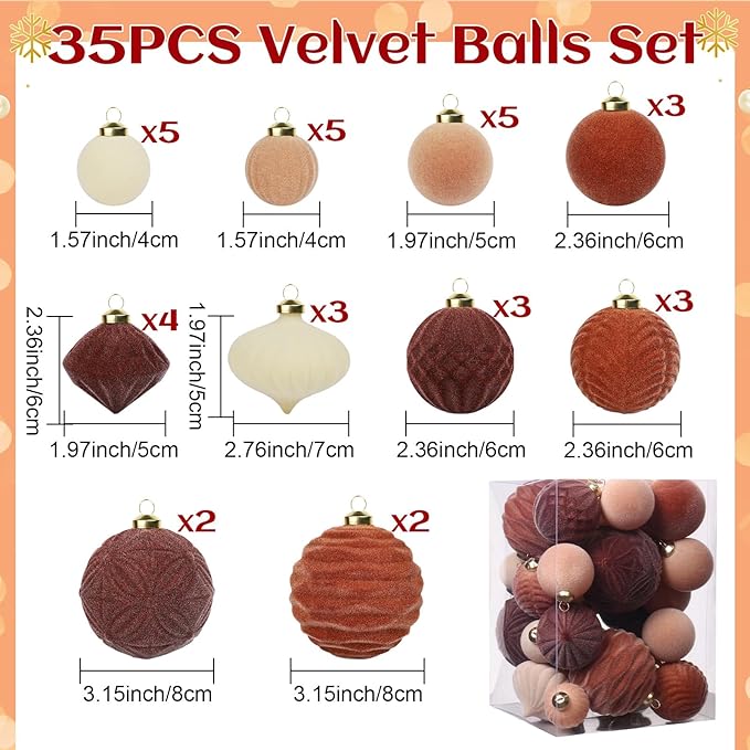 Velvet Ball Ornaments Christmas Balls Mix-Brown 35 PCS Xmas Tree Flocked Ball Ornaments Assortment for Party Garland Wreath Decor Baby Shower First Christmas Decorations