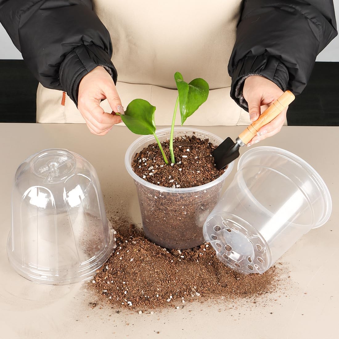 6 Inch Clear Nursery Pots with Humidity Dome, 15 Pack Durable Seed Starting Pot with Drainage Holes, Transparent Plastic Plant Seedling Pots for Indoor Gardening Plants