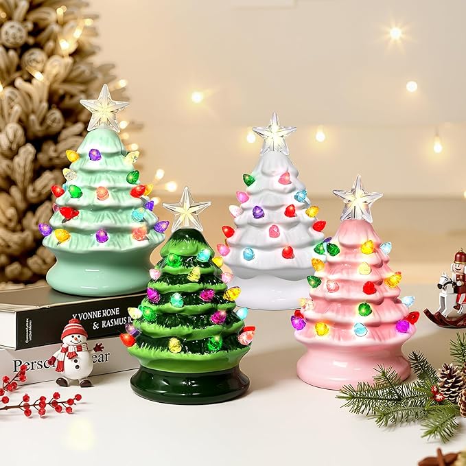 5" Mini Ceramic Christmas Trees Set of 4 with Light, Small Tabletop Vintage Lighted Battery Operated Ceramic Christmas Tree for Home Office Table Holiday Decorations