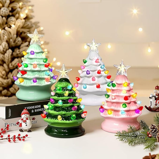 5" Mini Ceramic Christmas Trees Set of 4 with Light, Small Tabletop Vintage Lighted Battery Operated Ceramic Christmas Tree for Home Office Table Holiday Decorations