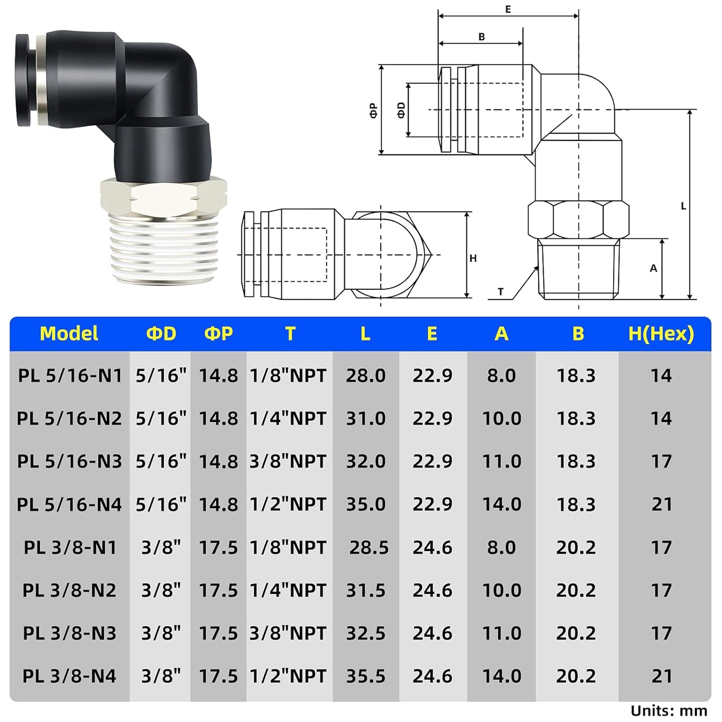 TAILONZ PNEUMATIC Elbow and Straight Combination 5/16 Inch Tube OD x 3/8 Inch NPT Thread Push to Connect Fittings PC-5/16-N3+PL-5/16-N3(Pack of 4)