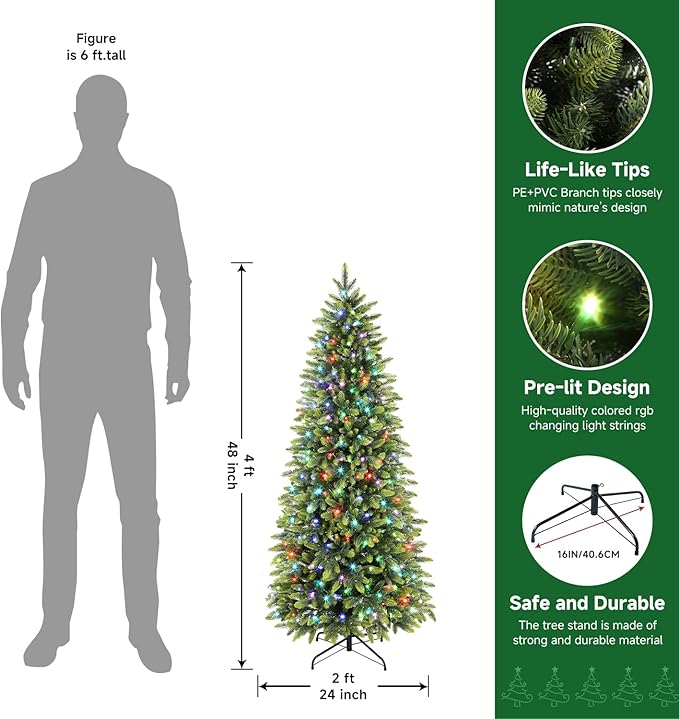 Alupssuc 4ft Prelit Artificial Hinged Pencil Christmas Tree with 160 Multi-Color Changing RGB Lights and 773 PE & PVC Branch Tips, Remote Control 4 Feet Pre-Lit Slim Tree for Xmas Decoration, Green