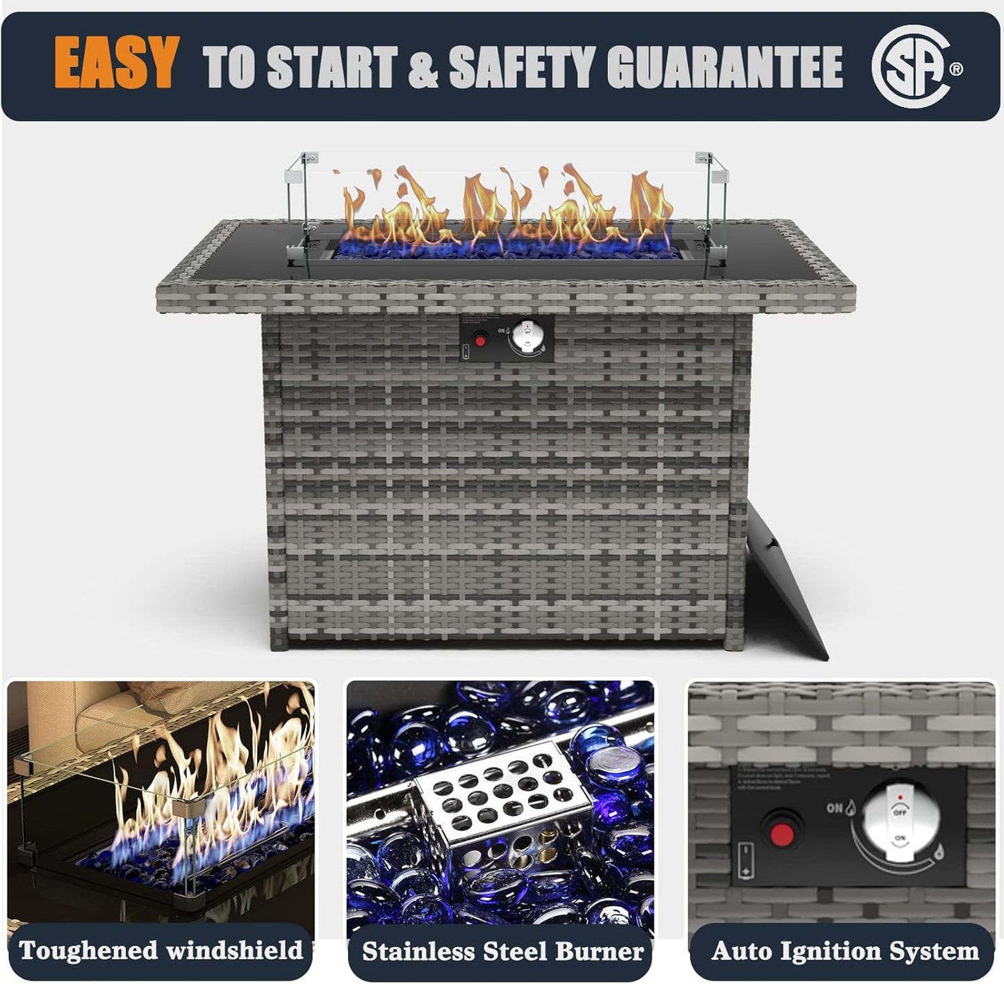 44 Inch Propane Gas Fire Pits Table for Outside Patio, 60000 BTU Rectangular Outdoor Wicker Rattan Fire Pit with Glass Wind Guard