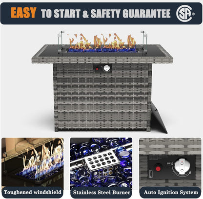 44 Inch Propane Gas Fire Pits Table for Outside Patio, 60000 BTU Rectangular Outdoor Wicker Rattan Fire Pit with Glass Wind Guard