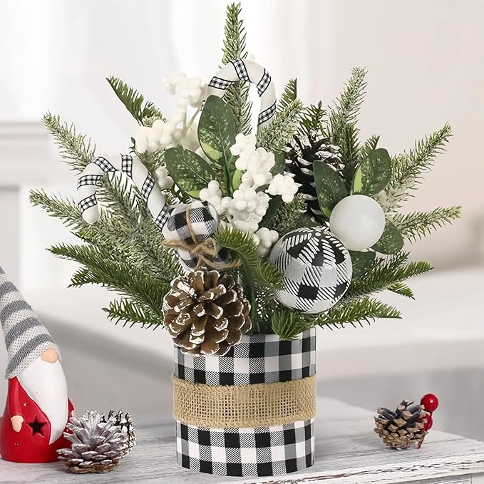 Small Christmas Tree for Tabletop, Artificial Mini Christmas Tree Decorations with White Berry Pine Cone Pine Picks, Xmas Ornaments Indoor Home Holiday Decor (Black)