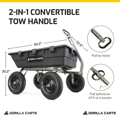 Gorilla Carts Heavy-Duty Poly Yard Dump Cart, 10 Cu Ft Tub, 1500 lb Haul Capacity, Black – Towable Utility Wagon with Quick-Release Dumping & Pneumatic Tires for Landscaping and Gardening