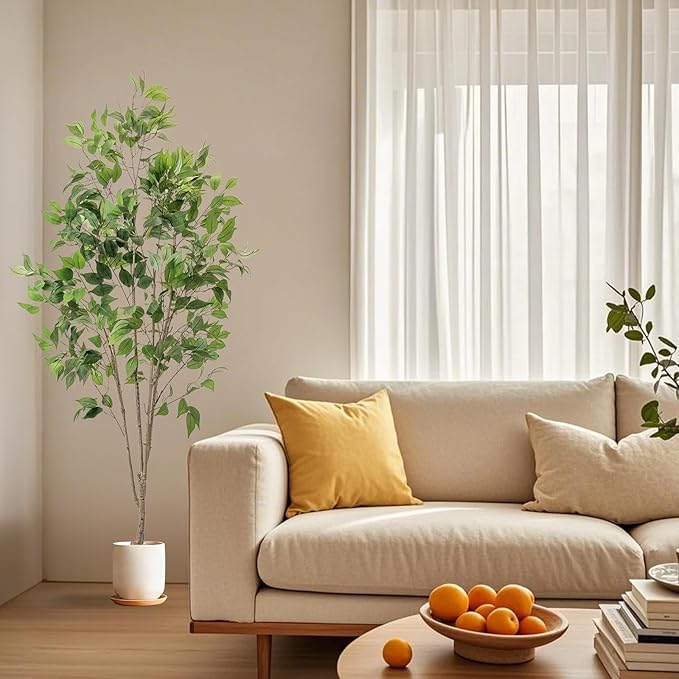 Artificial Fake Ficus Tree 6FT Tall 1Pack with White Planter & Free Moss, Artificial Plants Indoor, Artificial Trees for Home Decor Indoor, Faux Ficus Tree