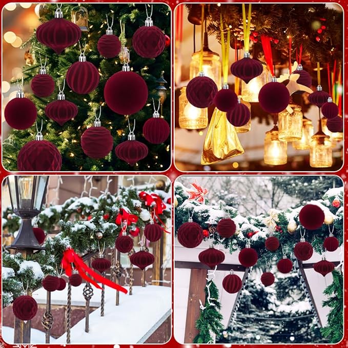28PCS Velvet Christmas Balls Ornaments, Flocked Shatterproof Burgundy Xmas Tree Hanging Decoration Plastic Ball Set Bulk Ornament for Winter Trees Holiday Party Home Wreath Decor