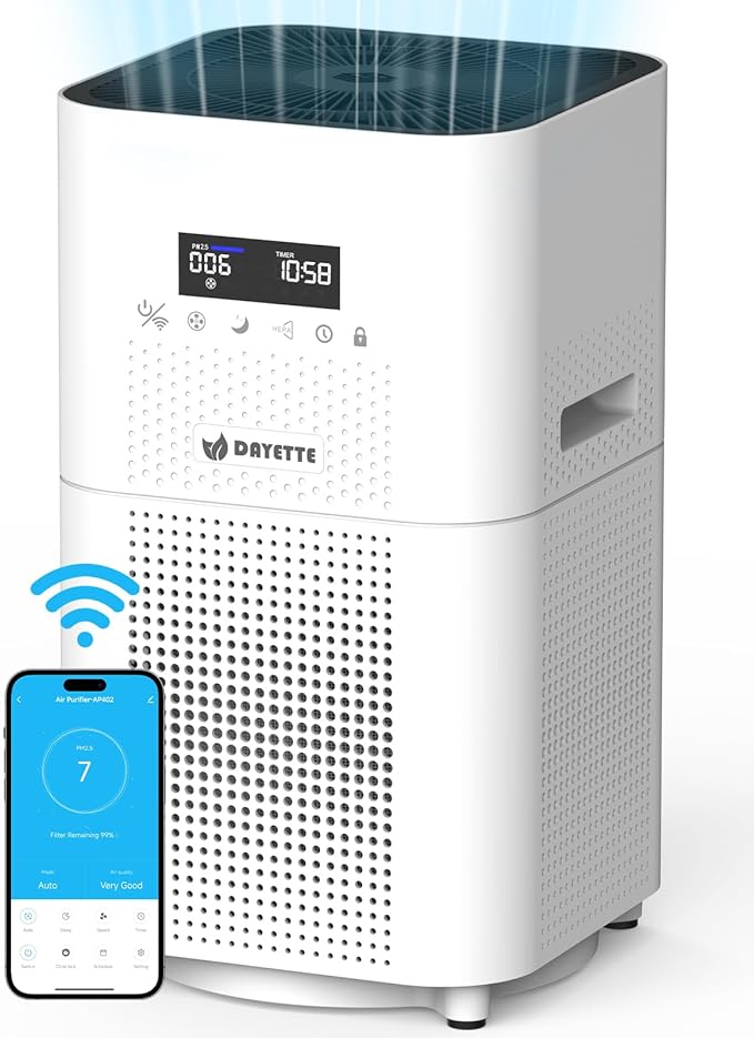 Dayette Smart WIFI Air Purifiers for Home Large Room Up to 3000 Sq Ft, APP & Alexa Control Air Cleaner, H14 Ture HEPA Filter for Allergies Pet Dander Smoke Dust, 22dB Sleep Mode for Bedroom