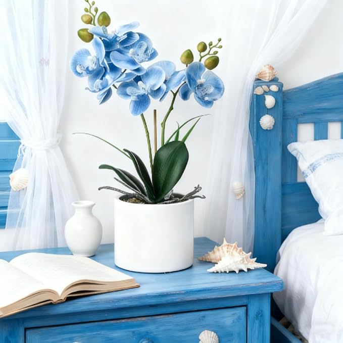 Jusdreen Artificial Blue Orchid in Ceramic Pot, Realistic Phalaenopsis Arrangement with Potting for Home Office Table Decor, 14.5 Inch Flower Centerpiece
