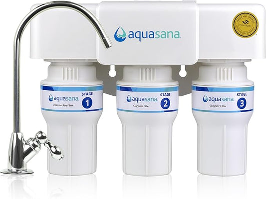 Aquasana Under Sink Water Filter | 3-Stage Claryum Filtration | Reduces up to 99.99% of PFAS, Lead, Chlorine, & More | Under Counter Drinking Water Filter | Includes Chrome Faucet | AQ-6300-CHR