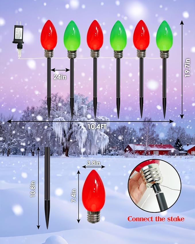 IDEAALS 12 Pack Jumbo Red and Green Plug in C9 Christmas Lights Outdoor，LED Pathway Lights Waterproof, Strawberry Light Christmas Decorations Outdoor for Walkway Party Patio Garden Lawn Yard Decor