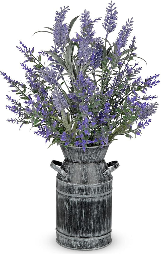 Artificial Lavender Flowers with Rustic Metal Vase 17 Inch Faux Lavender Plant Arrangement in Galvanized Planter Vintage Farmhouse Floral Decor for Home Office Kitchen Decor Wedding Table Centerpiece