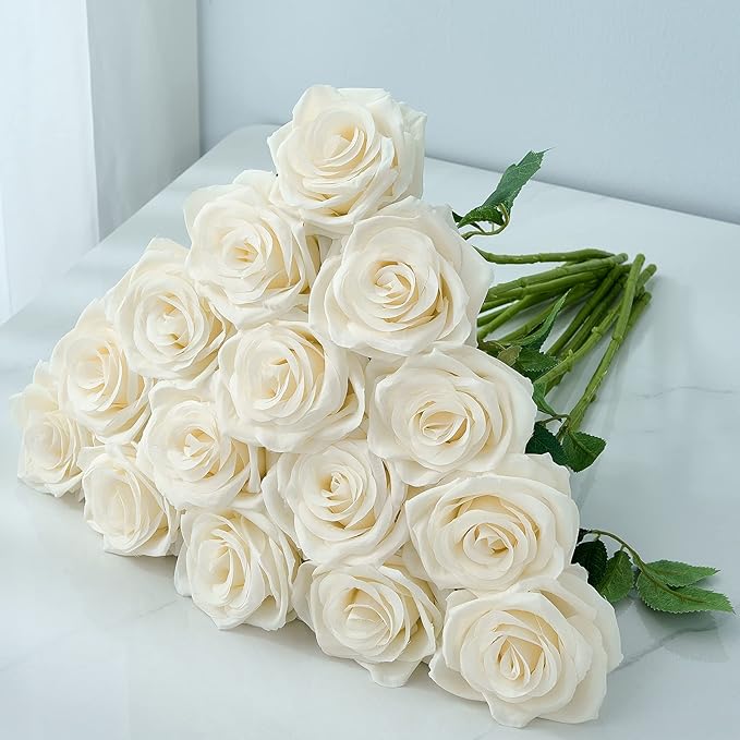 15pcs Ivory Roses Artificial Flowers Silk Fake Flowers Realistic White Roses Bouquet Long Stem for Wedding Home Party Birthday Decoration