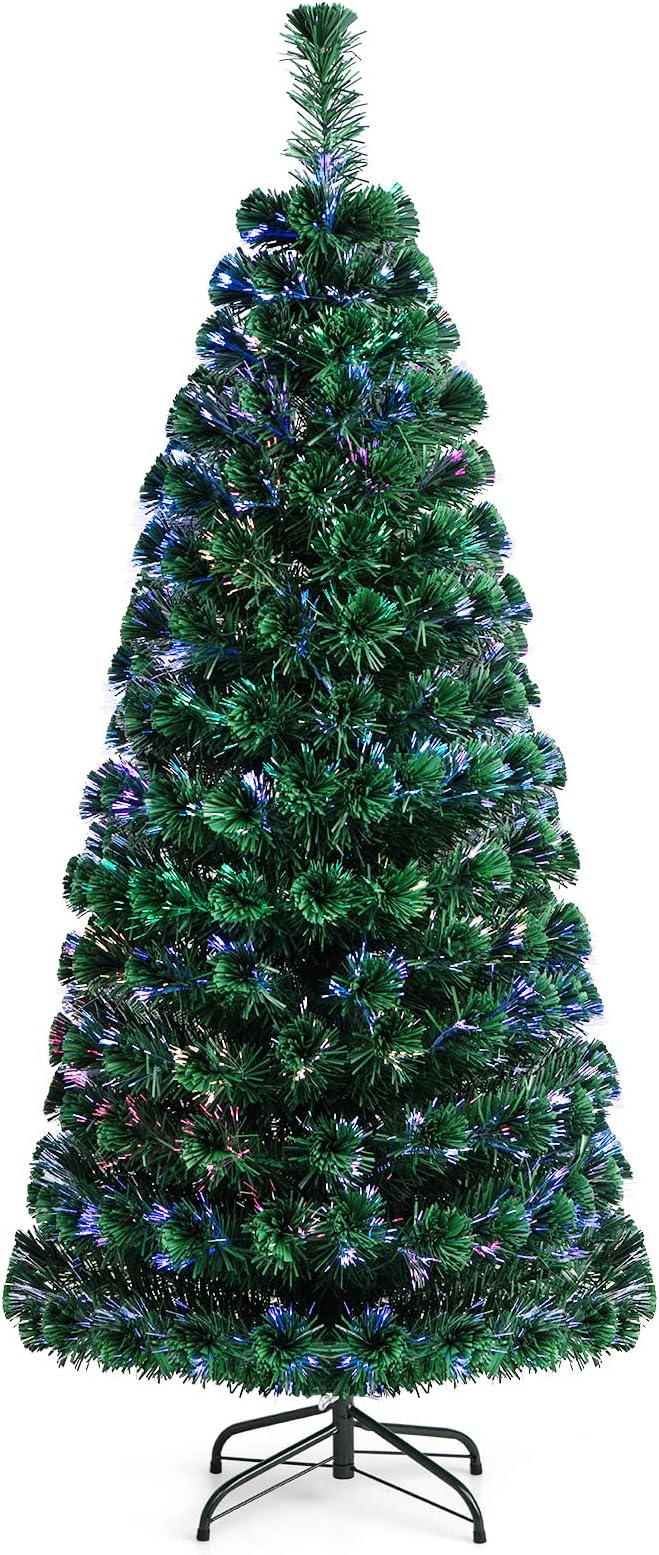 HAPPYGRILL 6FT Fiber Optic Christmas Tree Pre-Lit Artificial Christmas Tree Green Xmas Tree with LED Lights for Indoor Outdoor Festival Decor