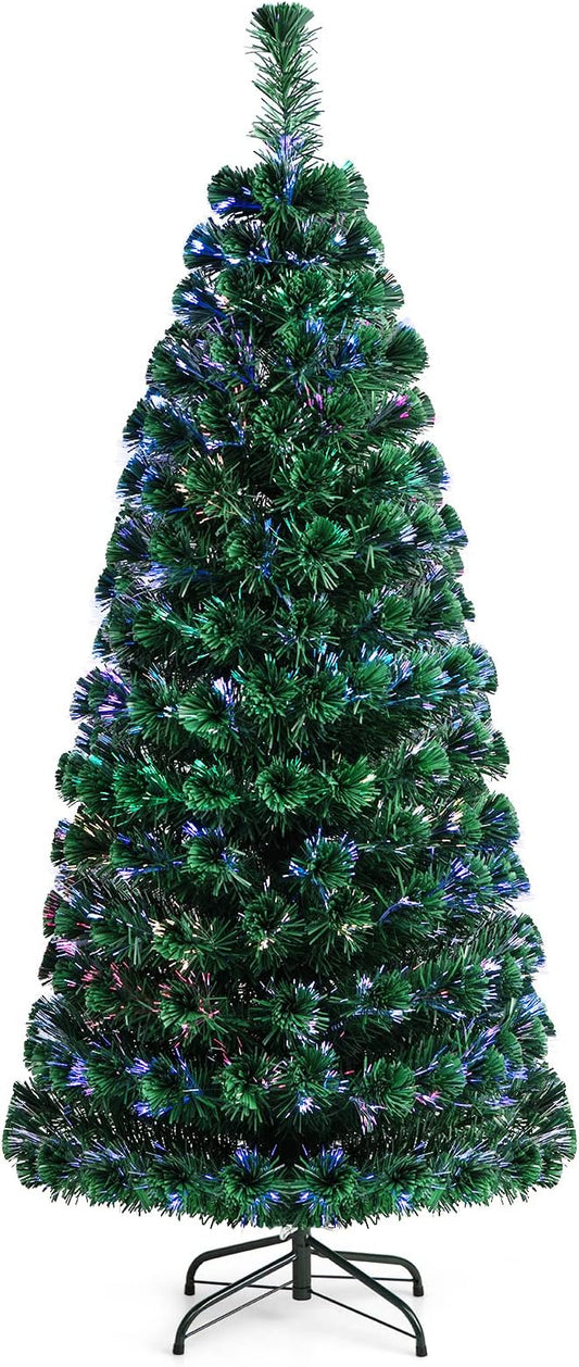 HAPPYGRILL 6FT Fiber Optic Christmas Tree Pre-Lit Artificial Christmas Tree Green Xmas Tree with LED Lights for Indoor Outdoor Festival Decor