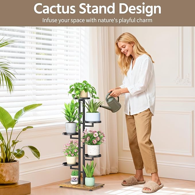 LASZOLA Black 5 Tiered Plant Stand Indoors Heavy Duty Metal Rack, Sturdy Multi Level Shleving Hold Flowers, Larger House Decorate Ladder for Planting Inside Tree Herb Cactus, Wooden Base, Space Saving