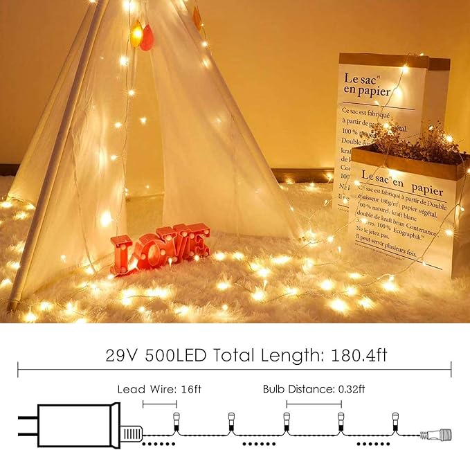 Super-Long 180FT 500 LED Christmas String Lights Indoor Outdoor,13 Modes Warm White Christmas Lights Waterproof, Twinkle Fairy Lights Plug in Clear Wire for Christmas Tree Bedroom Wedding Party