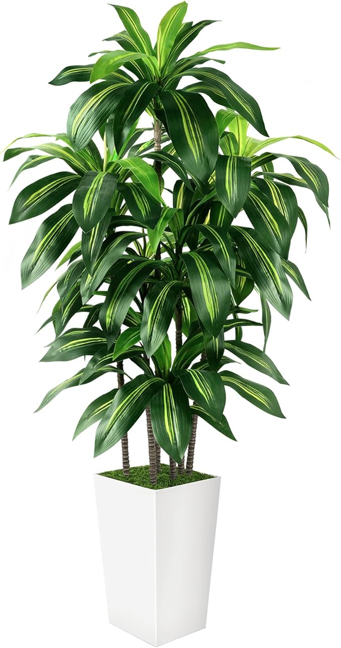 Artificial Dracaena Tree Indoor, 6FT Tall Fake Tree with White Tall Planter, Artificial Trees Fake Yucca Potted Tree for Home Office Living Room Decor, Tall Artificial Plant for Housewarming