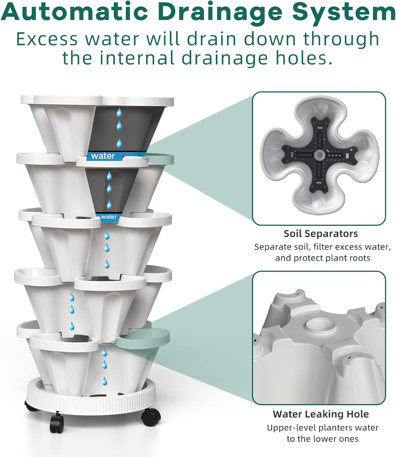 Strawberry Vertical Planter, Stacking Garden Tower, 3 Tiered Stackable Herb Vegetable Planters with Movable Casters and Bottom Saucer Indoor and Outdoor - Black