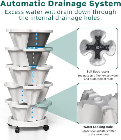 Strawberry Vertical Planter, Stacking Garden Tower, 3 Tiered Stackable Herb Vegetable Planters with Movable Casters and Bottom Saucer Indoor and Outdoor - Black
