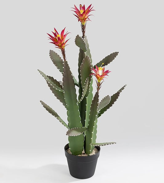 33 Inch Large Artificial Cactus with Magenta Flowers in Pot with Natural Gravel. Satin Finish Leaves with Real Look and Feel. Outdoor and Indoor Faux Plants.