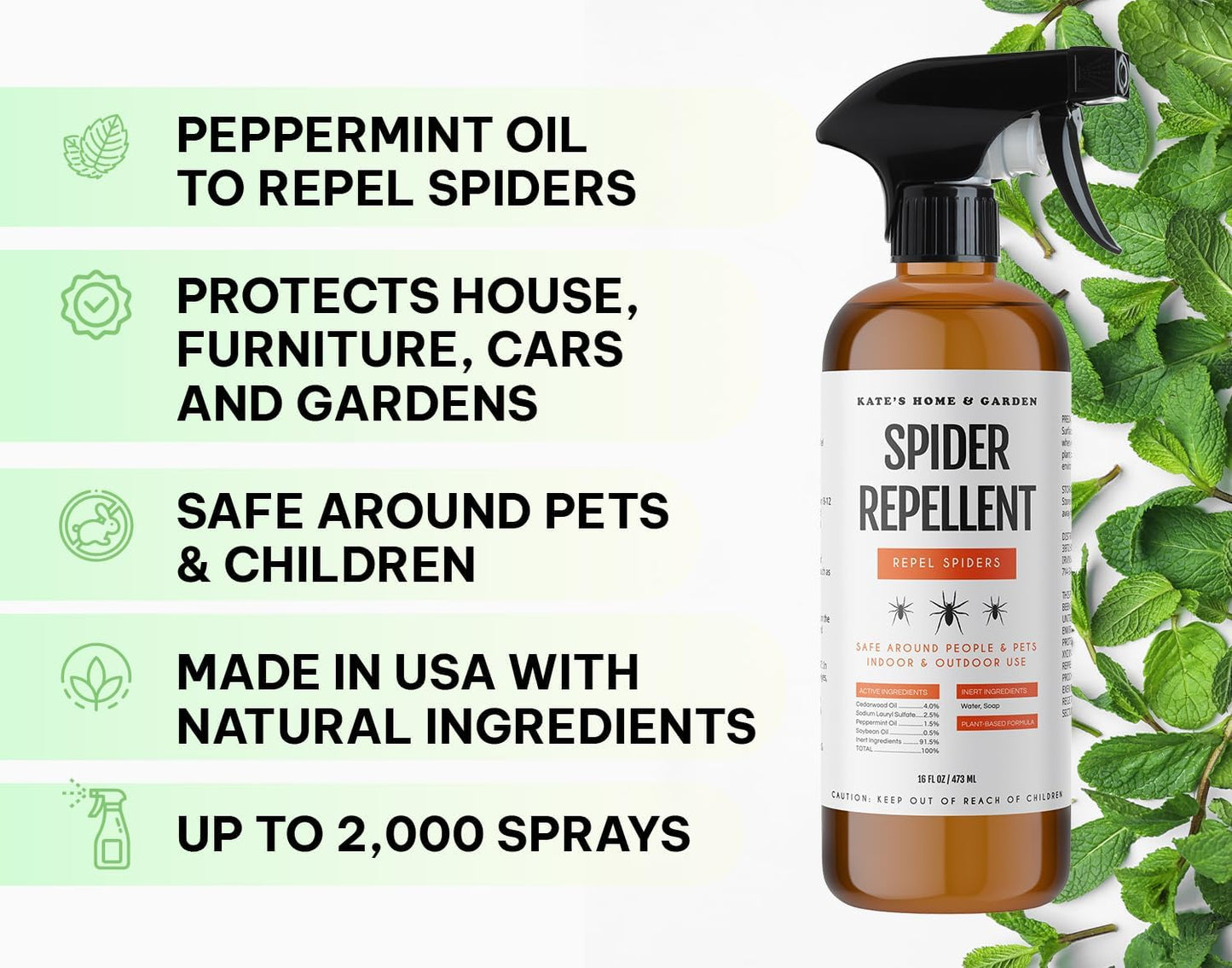 Kate's Home & Garden Spider Repellent Indoor. All Natural Peppermint Oil Spray for Spiders & Outdoor (16oz, Non Toxic Pesticide & Insecticide, Pet Safe)