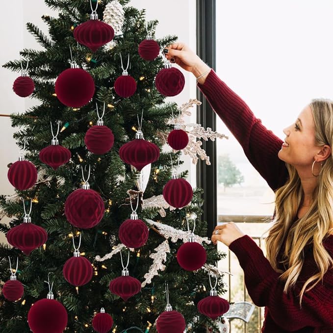 28PCS Velvet Christmas Balls Ornaments, Flocked Shatterproof Burgundy Xmas Tree Hanging Decoration Plastic Ball Set Bulk Ornament for Winter Trees Holiday Party Home Wreath Decor