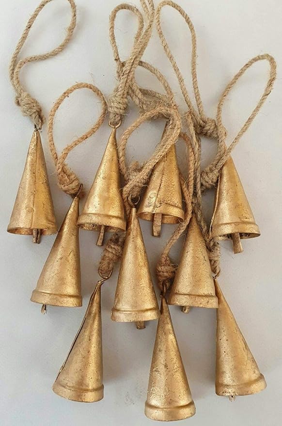 Set of 10 Vintage Rustic Tin Bells Wall Hanging Décor 6cm Big Bells On Jute Rope Christmas Hanging Jingle Bells (Cone)